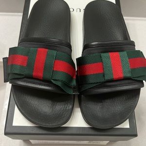 Gucci Sylvie Satin Web Bow Slides Sandals